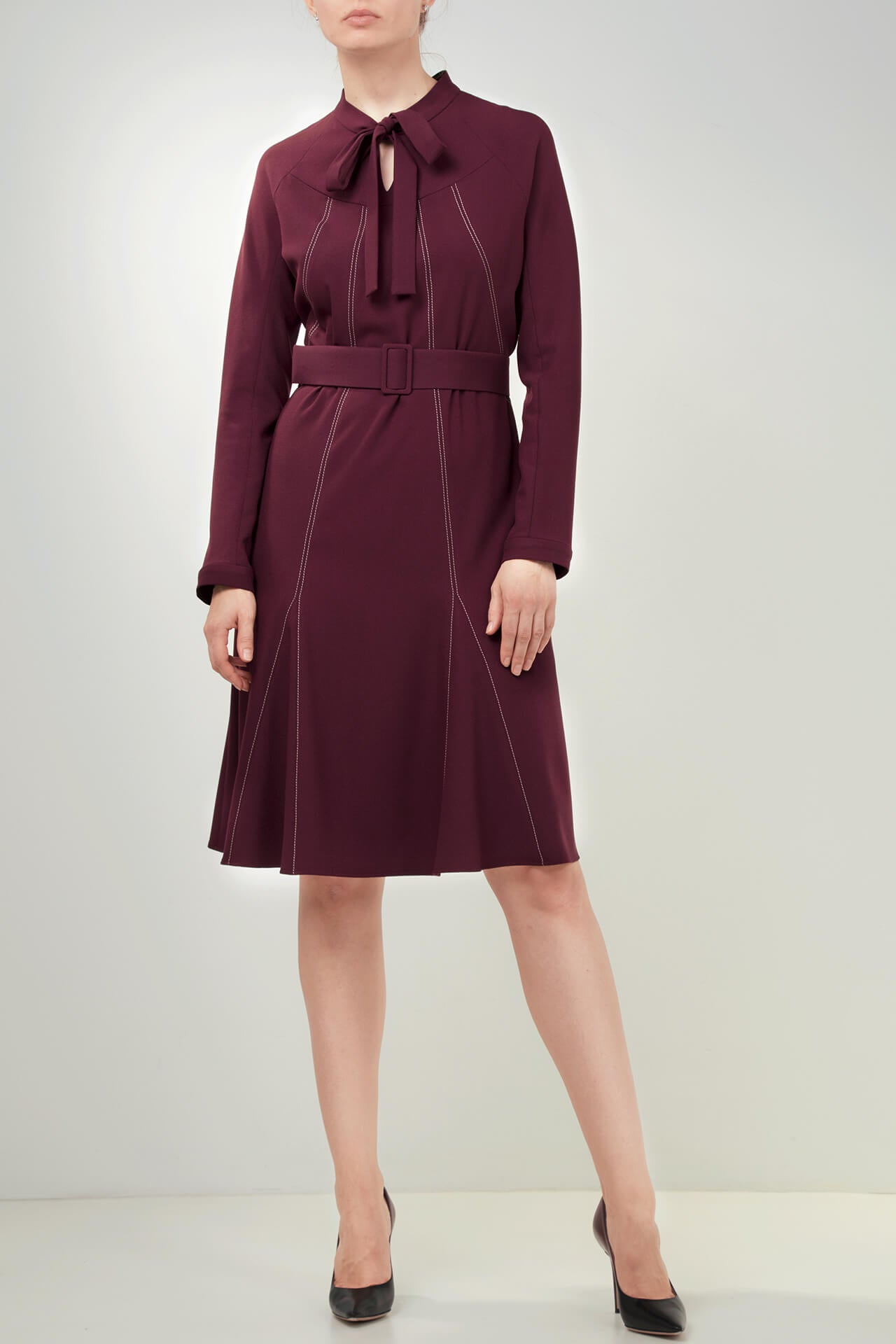 BURGUNDY VISCOSE-BLEND CREPE DRESS