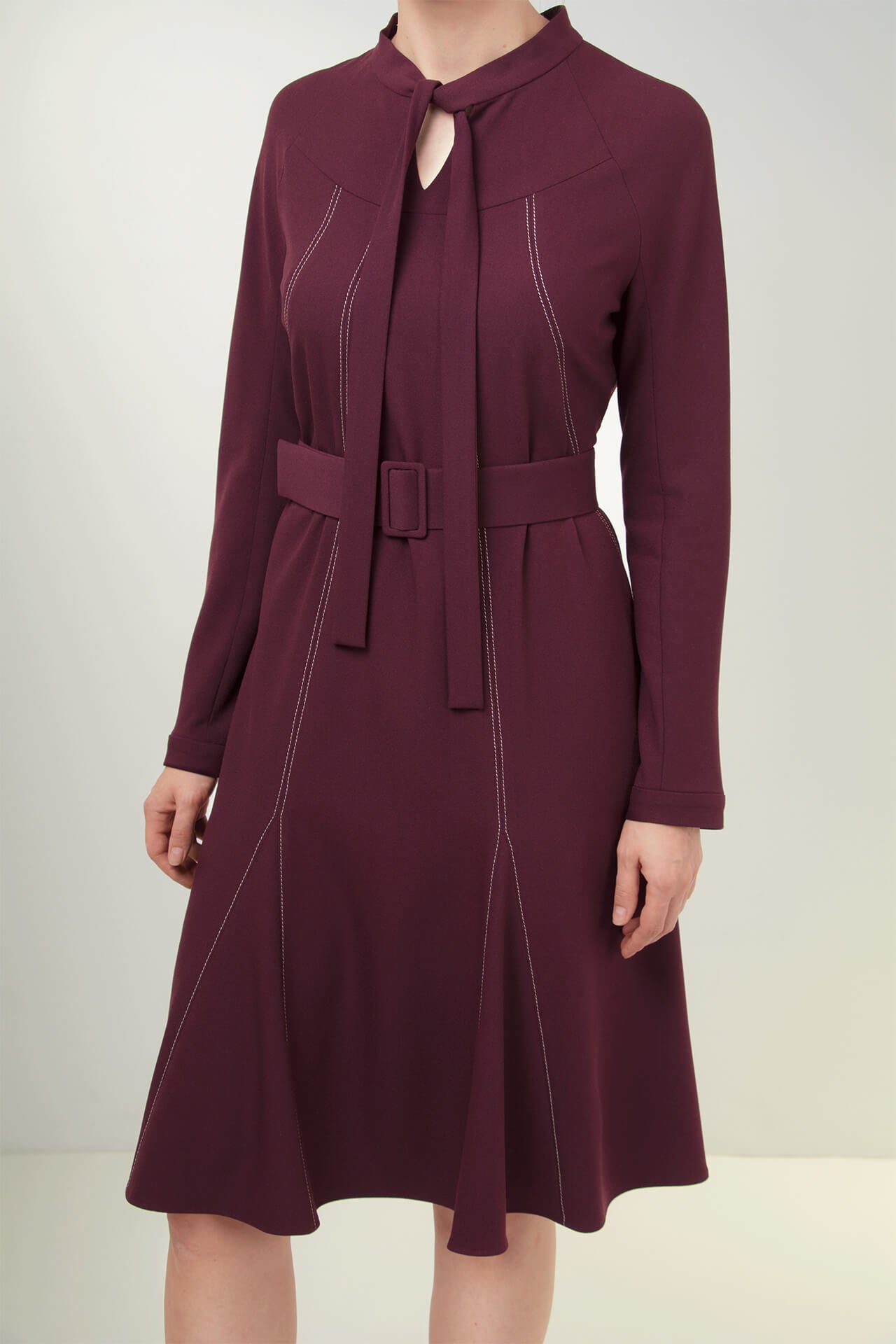 BURGUNDY VISCOSE-BLEND CREPE DRESS