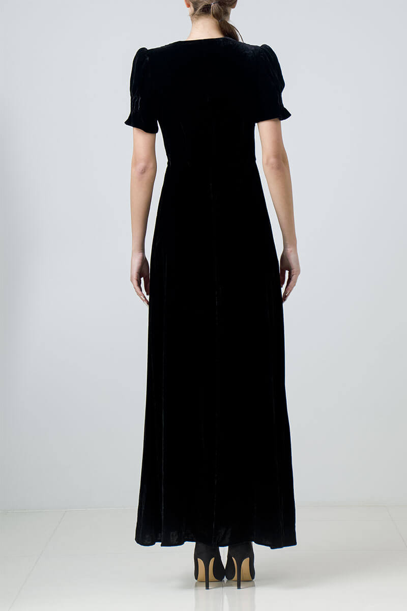 Long black silk velvet evening dress