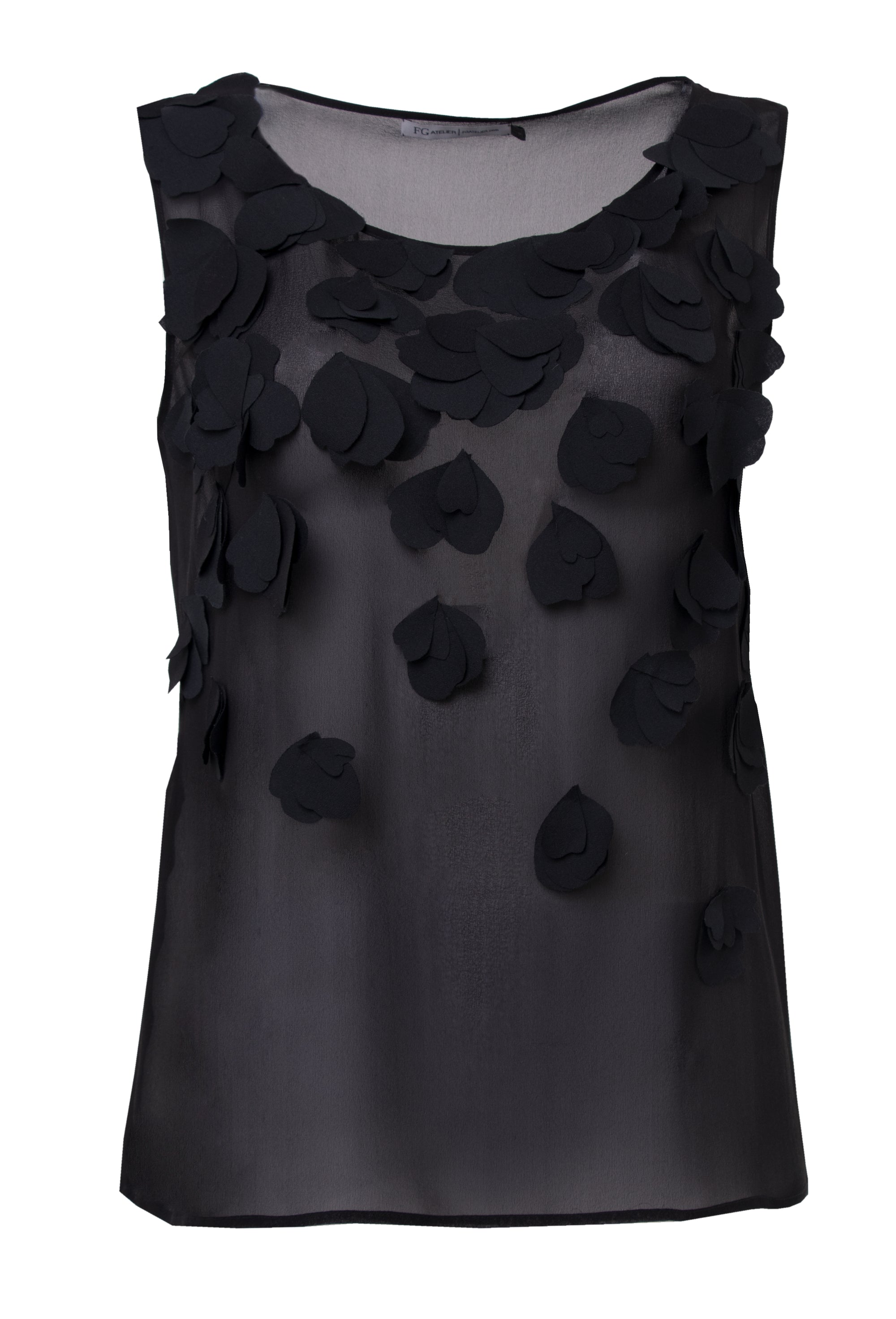 Black silk georgette sleeveless blouse with hand-cut organza petals