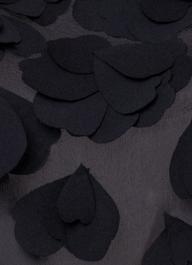 Black silk georgette sleeveless blouse with hand-cut organza petals