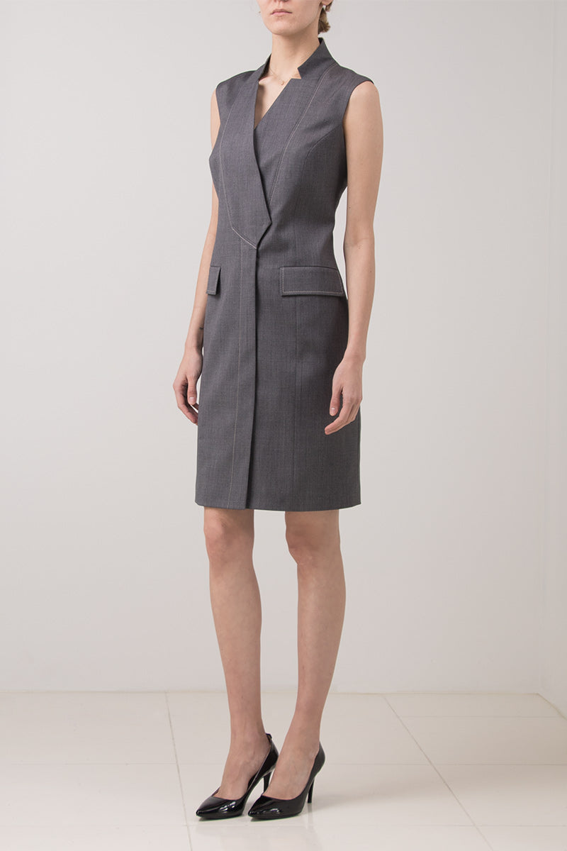 Dark grey sleeveless stretch wool dress