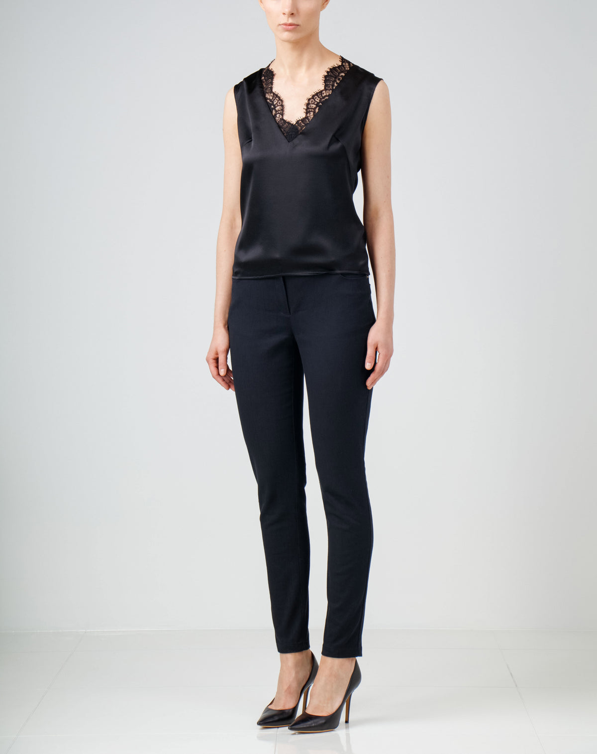 Guipure lace-trimmed stretch silk top