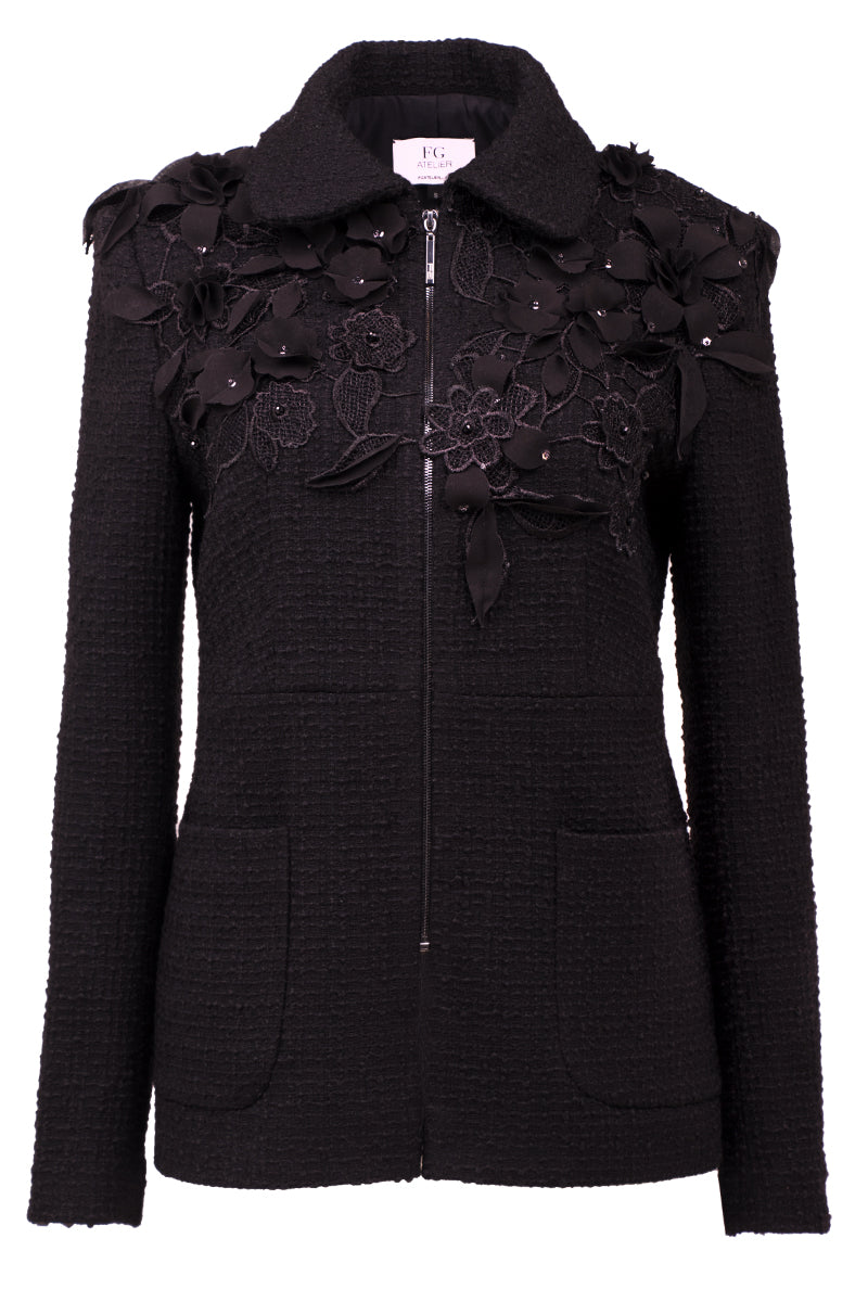 Guipure lace-paneled black bouclé wool jacket