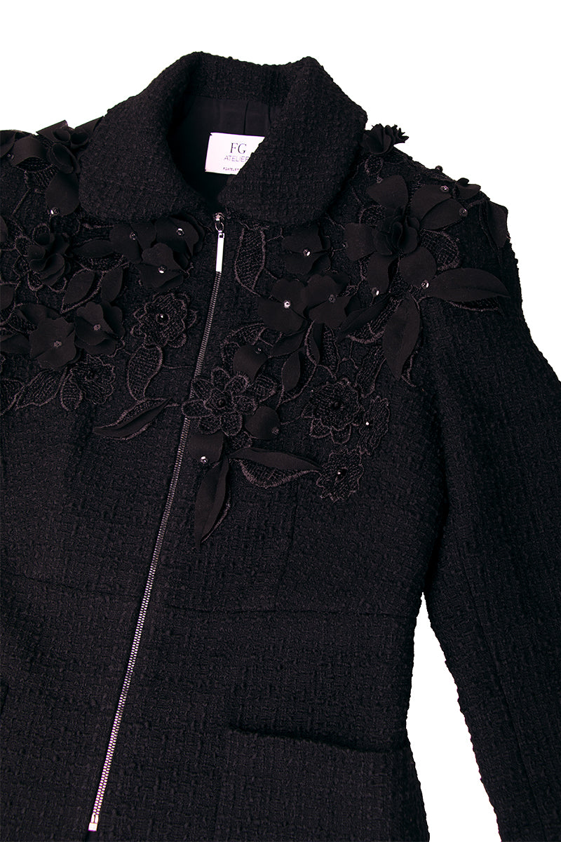 Guipure lace-paneled black bouclé wool jacket