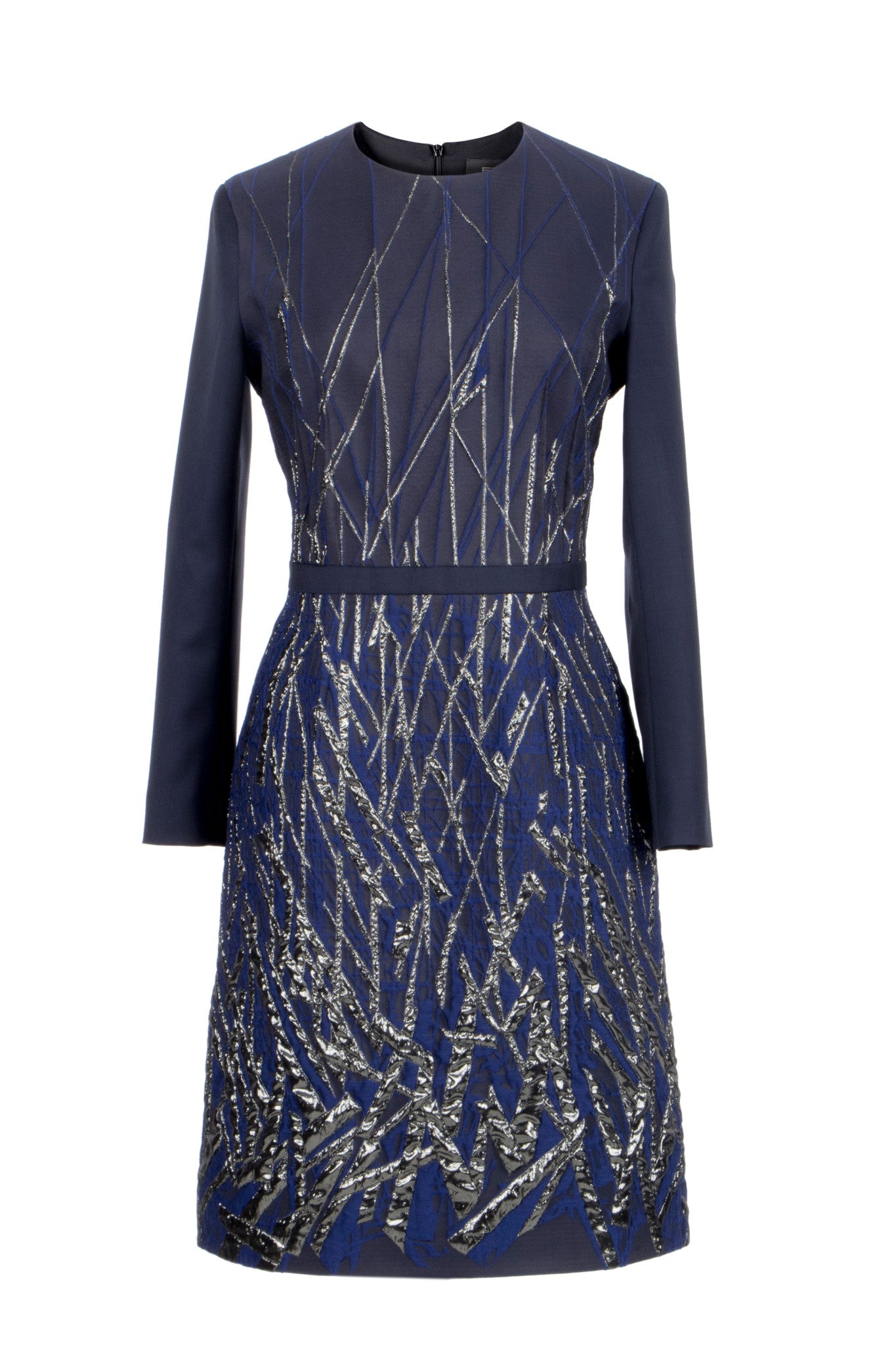 Blue evening dress with metallic details