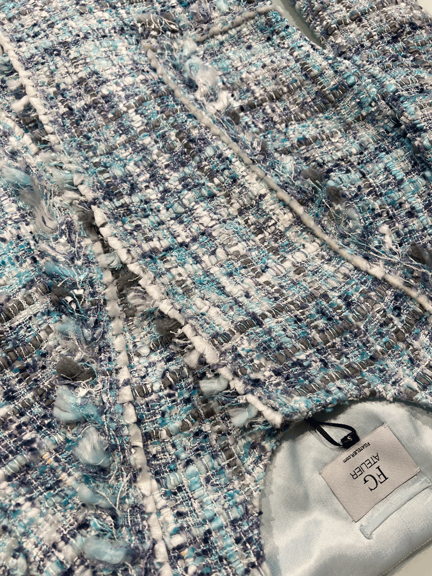 ジャケット ETMON Fringe Detail Tweed Jacket, Sky Blue Tweed Fringe Jacket, Pale Blue - New Arrivals - The Blue