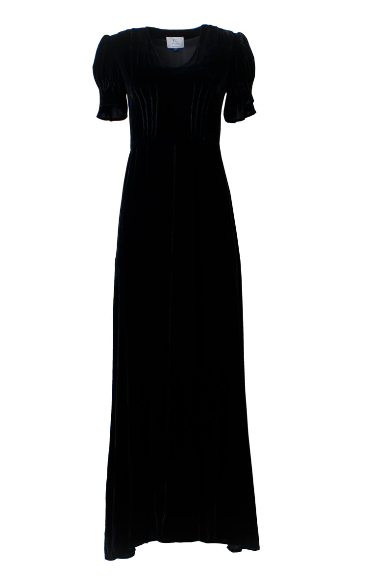 Long black silk velvet evening dress