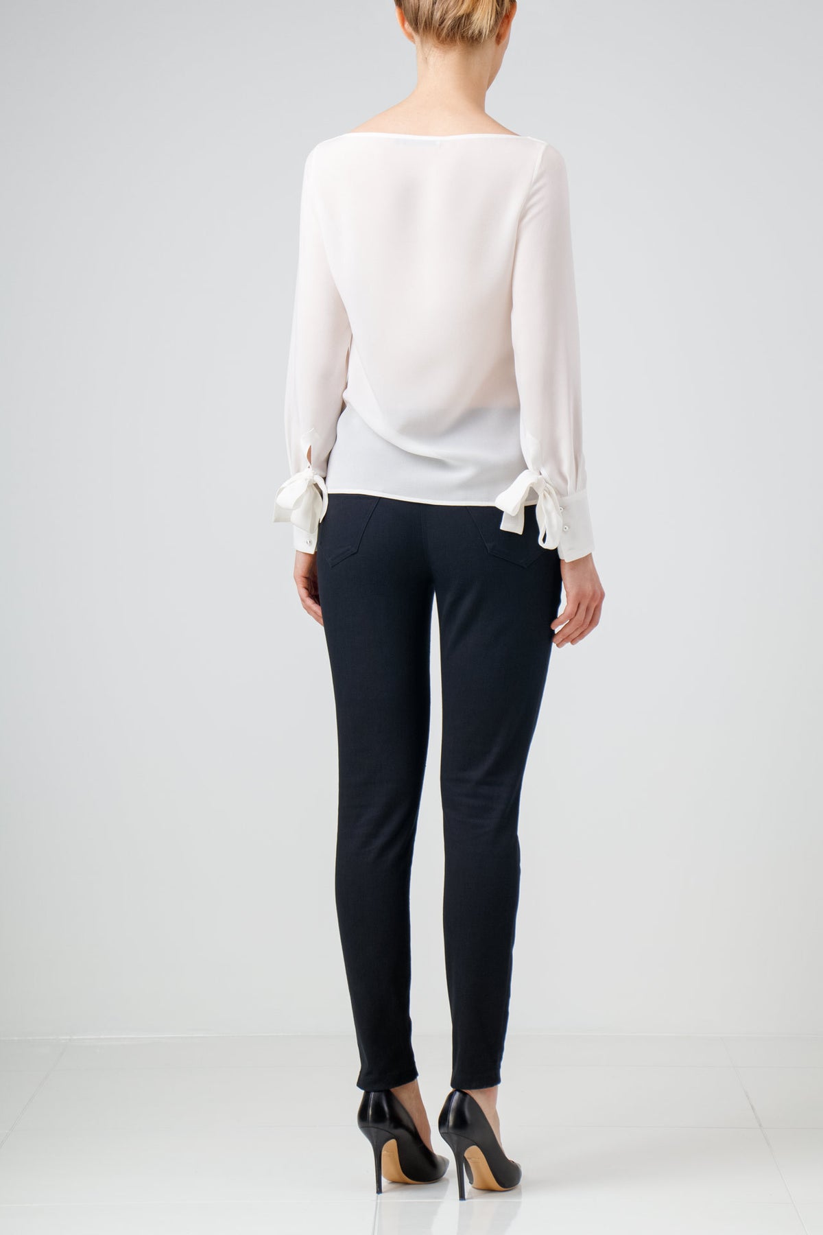 Long sleeve silk blouse with cuff bow details