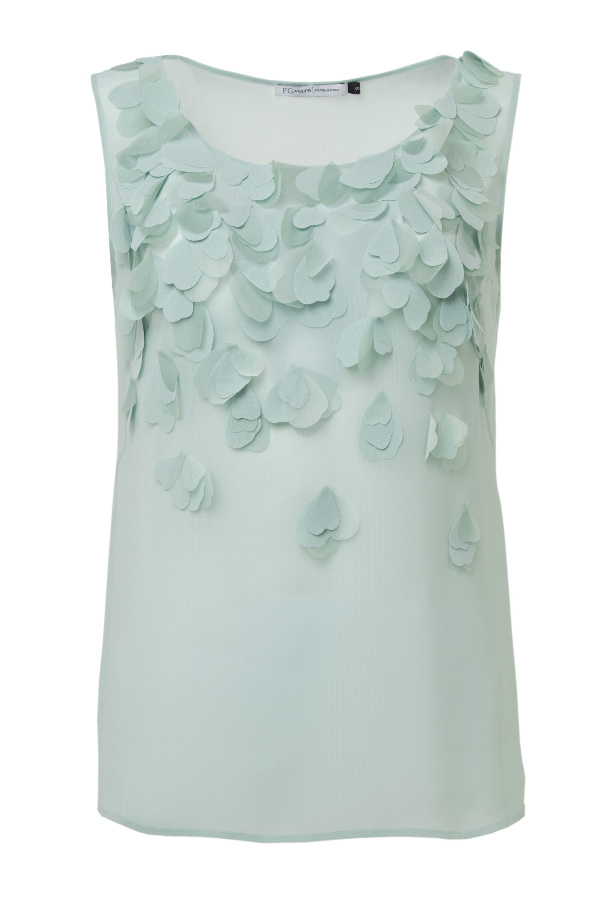 Mint silk georgette sleeveless blouse with hand-cut organza petals 