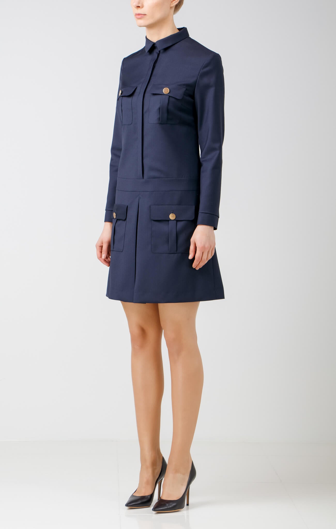 Navy blue wool safari dress