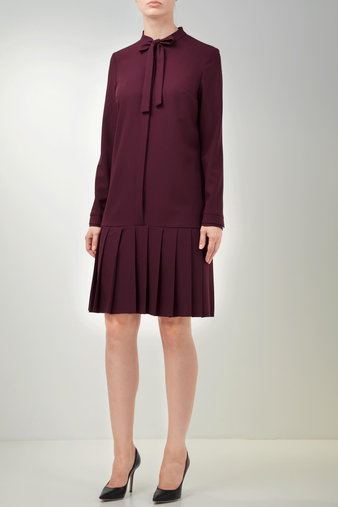 PLEATED BURGUNDY VISCOSE-BLEND CREPE DRESS