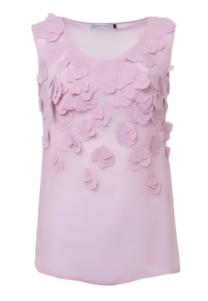 Rosy silk georgette sleeveless blouse with hand-cut organza petals