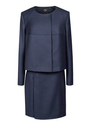 Navy Blue Wool Skirt Suit with Silk Insert 