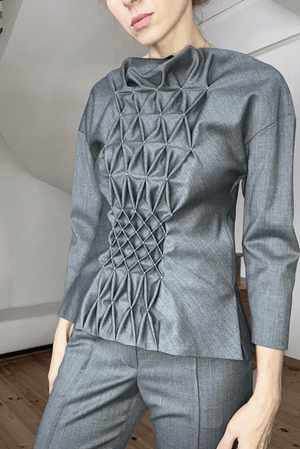 Smocked grey wool pantsuit