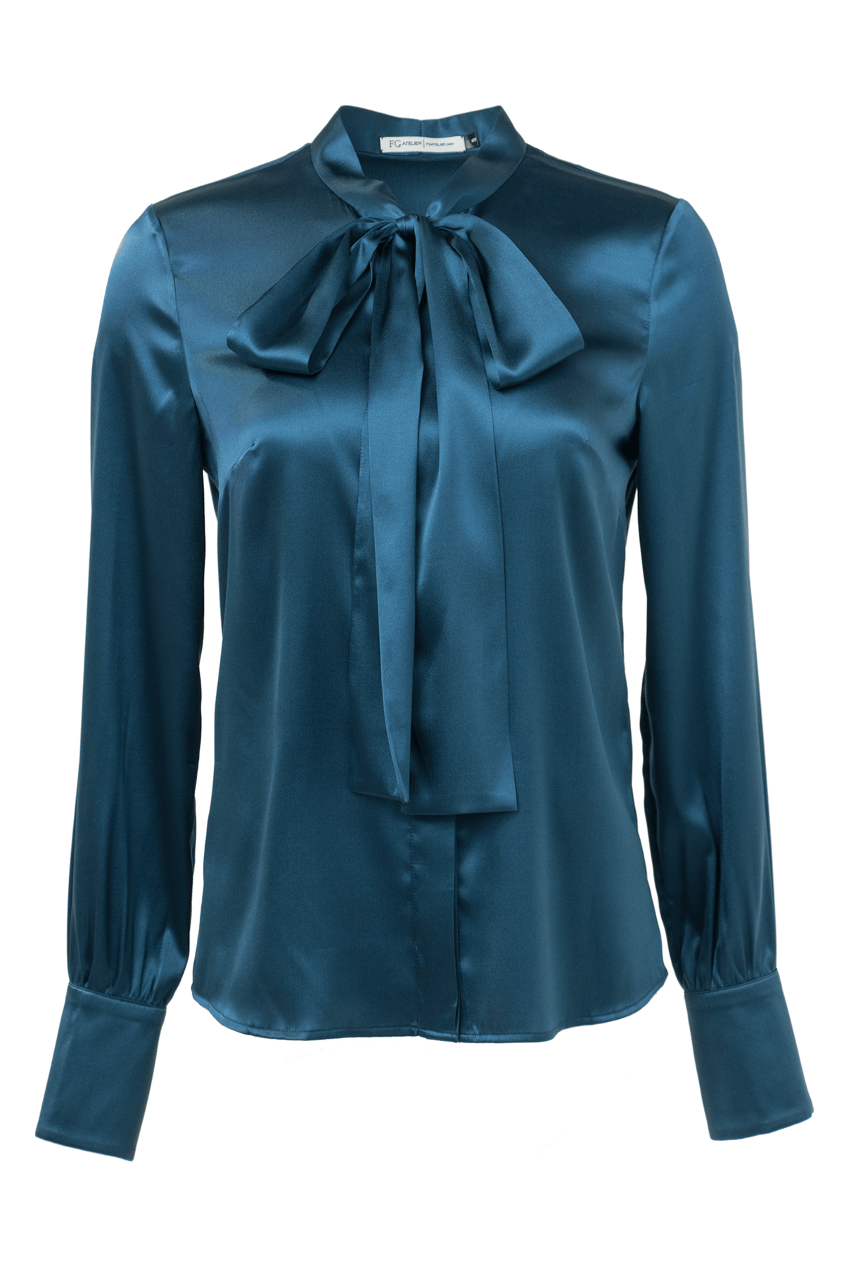Topaz blue pussy bow stretch silk shirt