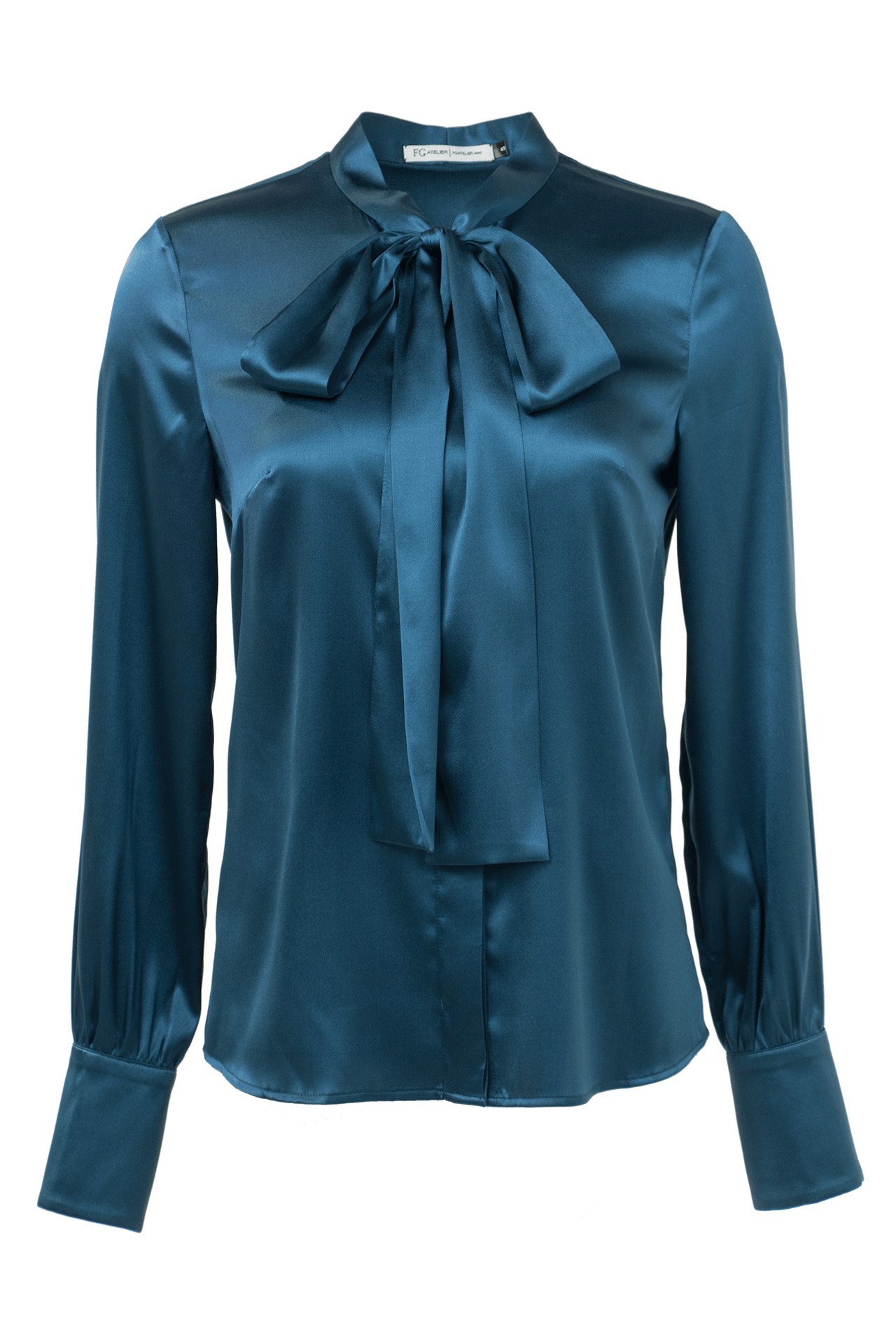 Topaz blue pussy bow stretch silk shirt