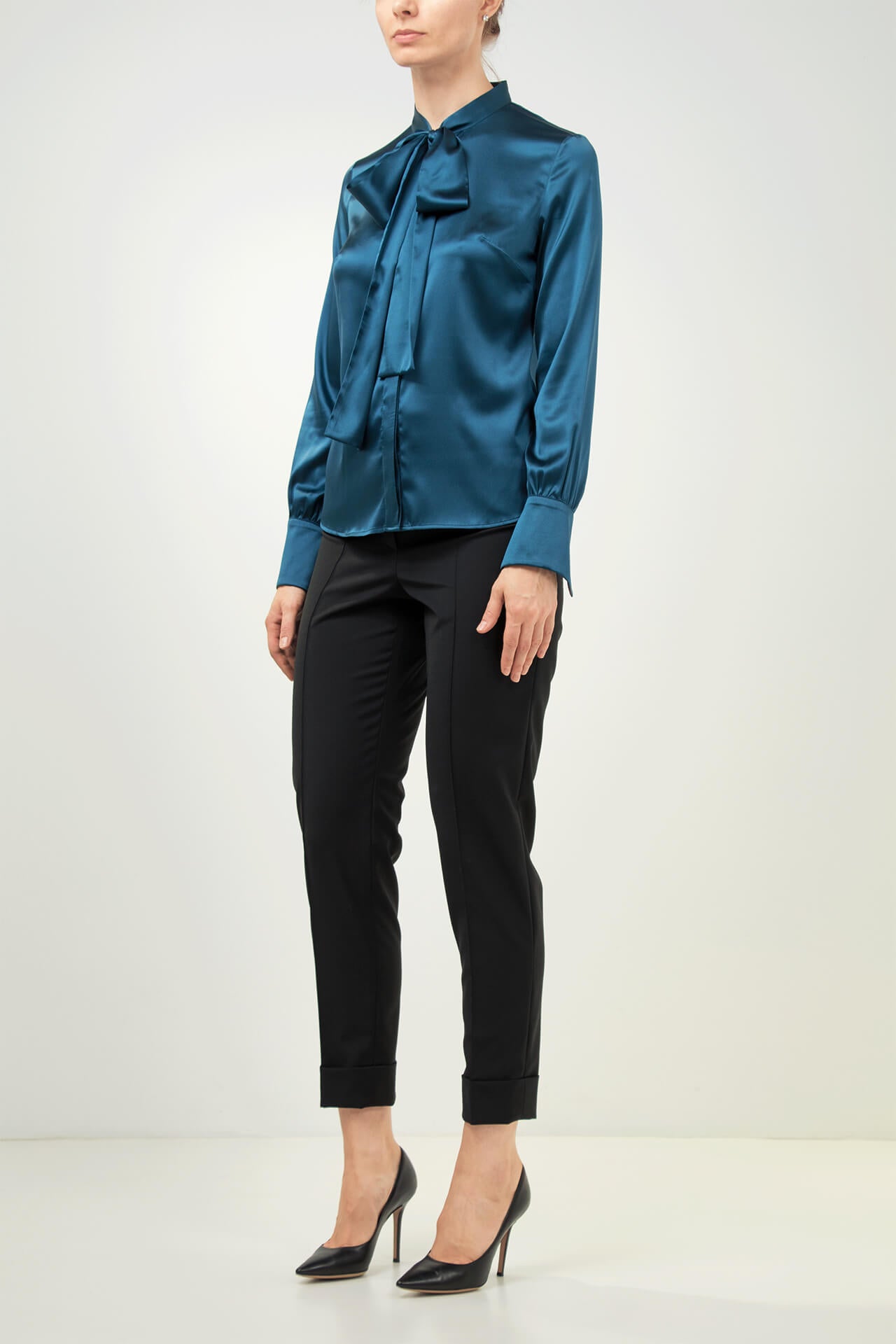 Topaz blue pussy bow stretch silk shirt