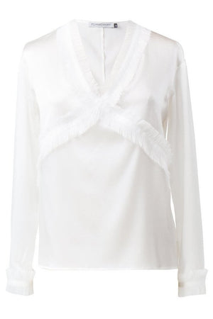 White strech silk blouse with fringe detail