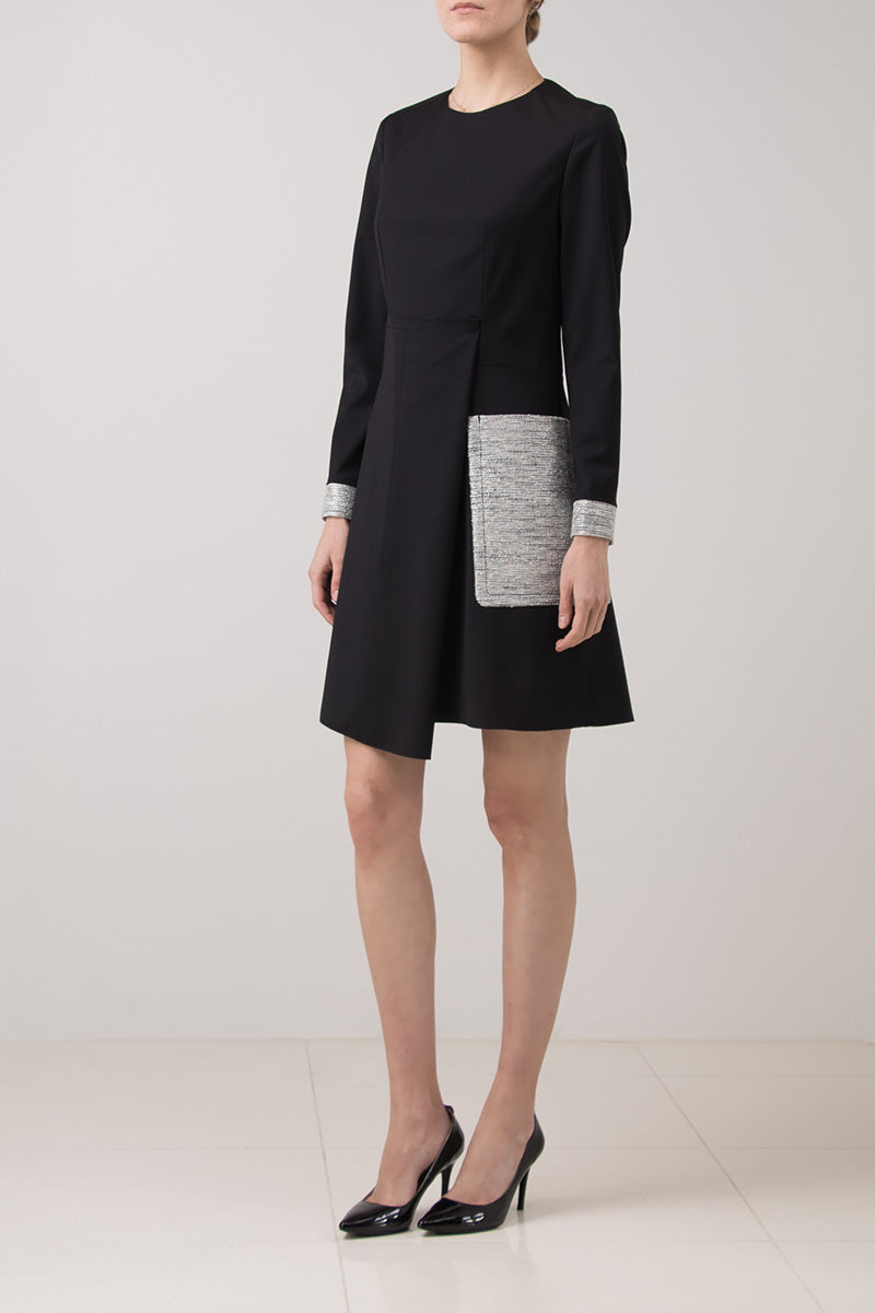Black stretch wool dress with tweed detail