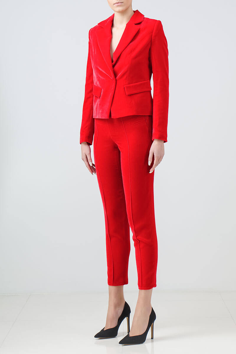 Red silk-velvet pantsuit