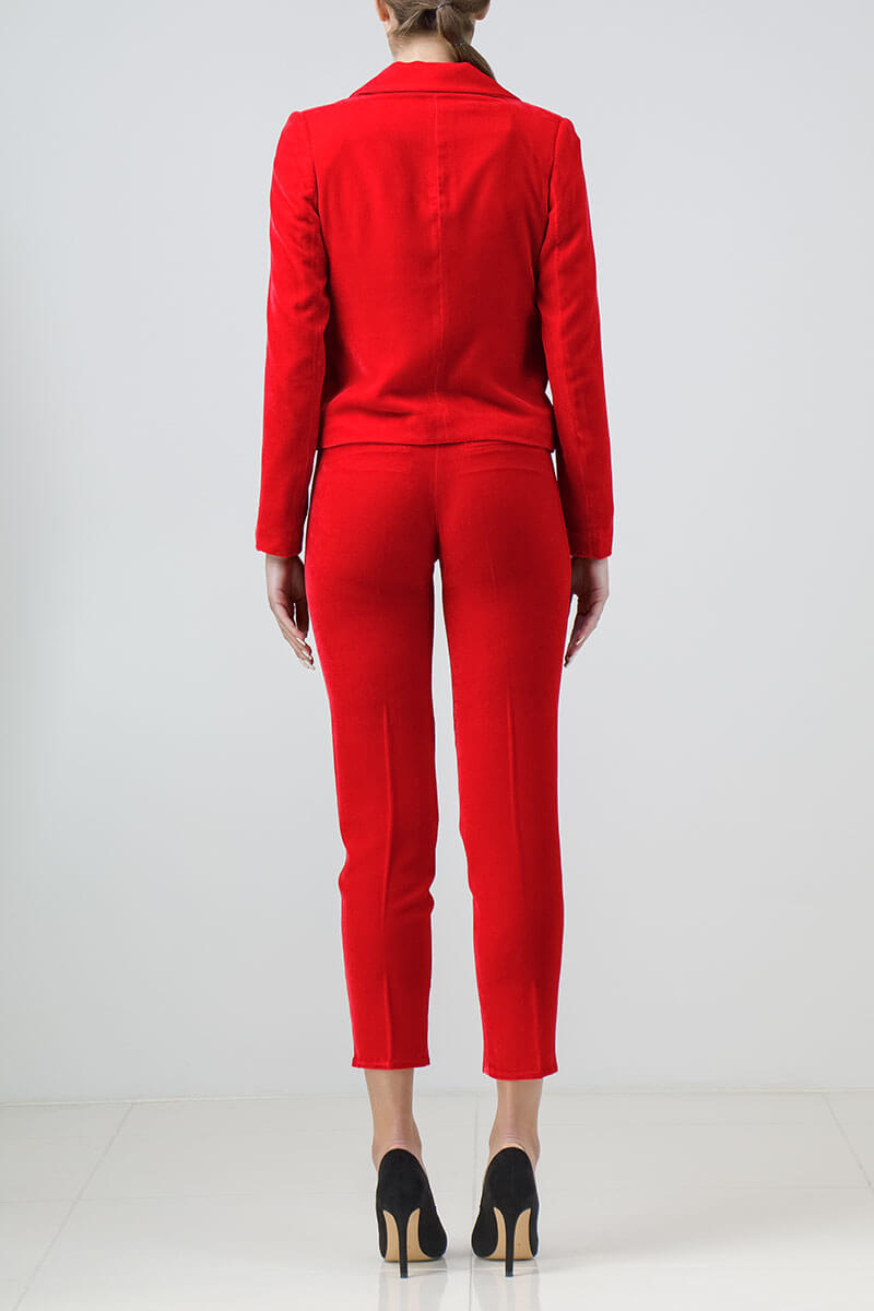 Red silk-velvet pantsuit